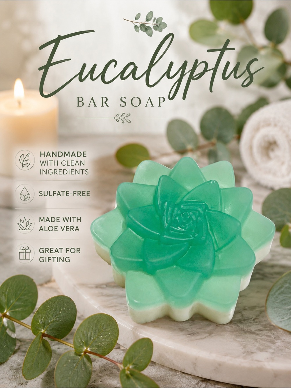 Hand Crafted “Eucalyptus” Scented Bar Soap With Aloe & Essential Oil
